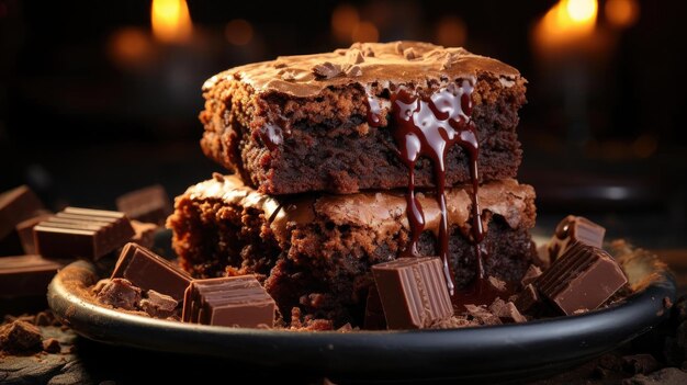 chocolate brownies filled with melted sweet chocolate on black background and blur