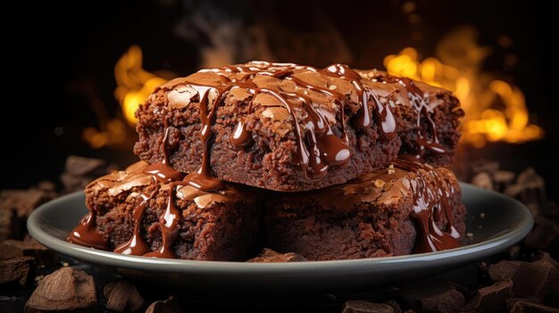 Chocolate brownies filled with melted sweet chocolate on black background and blur