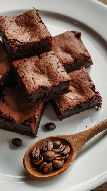 Photo chocolate brownies on a white plate and coffee beans on a wooden spoon