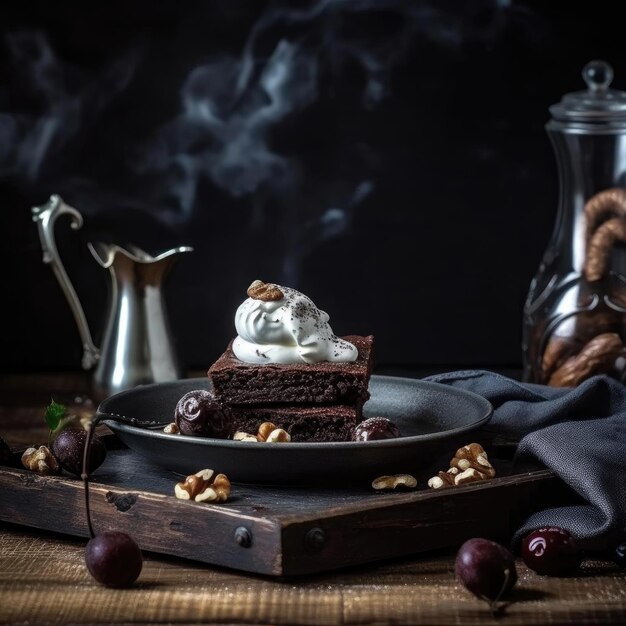 Photo chocolate brownies with cherry and whipped cream on a wooden background