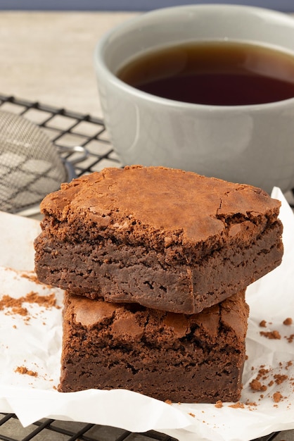 Chocolate brownies with coffee. Selective focus