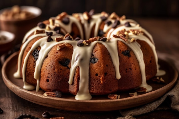 A chocolate bundt cake with chocolate chips on top