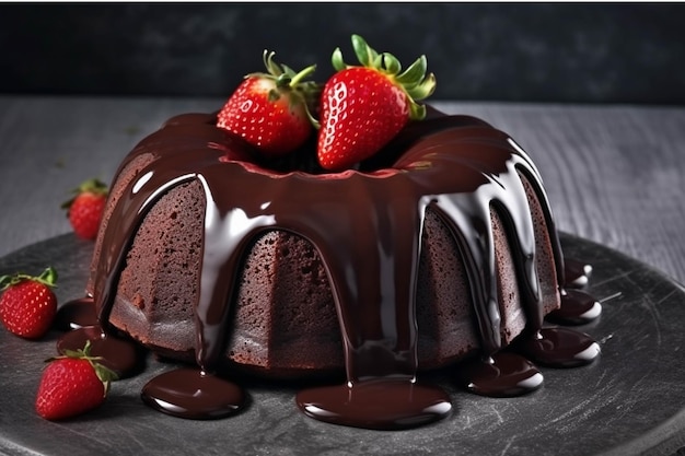 Chocolate bundt cake with fresh strawberries on a dark background