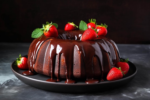 Chocolate bundt cake with fresh strawberries on a dark background