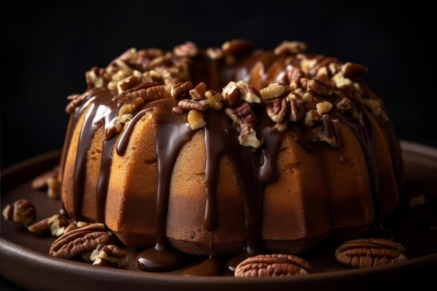 A chocolate bundt cake with pecans on top.