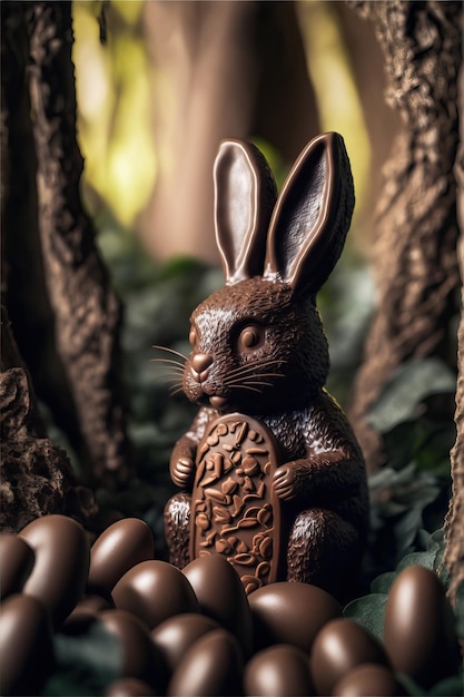 Chocolate bunny in a chocolate forest Easter celebration