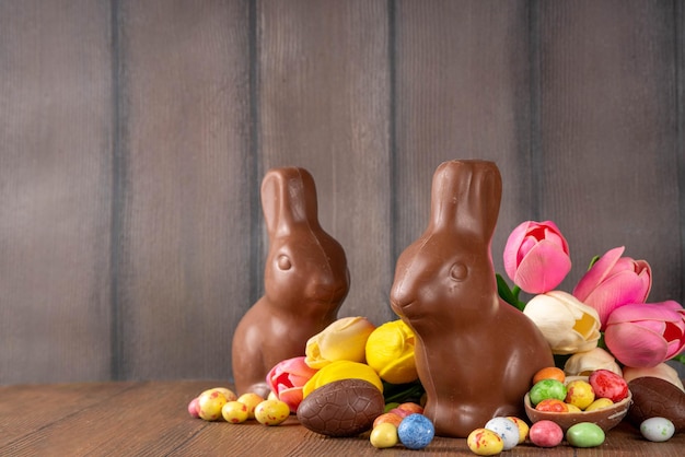 chocolate bunny and easter eggs background