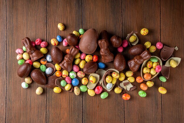 Chocolate bunny and Easter eggs background