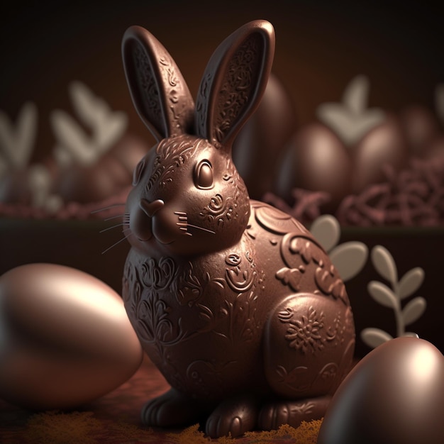 A chocolate bunny is sitting next to a group of eggs