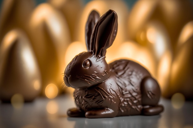 Шоколадный кролик сидит перед золотыми пасхальными яйцами.