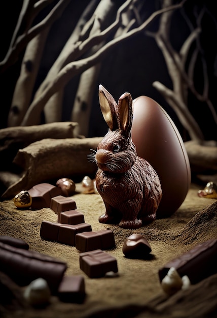 A chocolate bunny sits in front of a large egg.