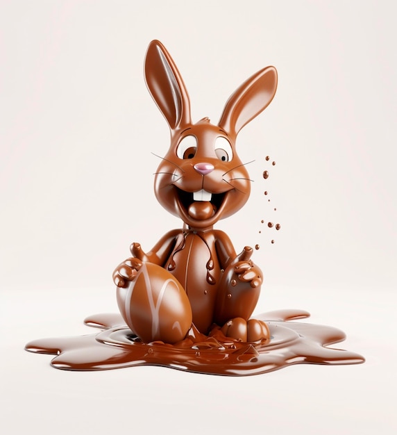 Chocolate bunny sitting in chocolate sauce holding an Easter egg 3D