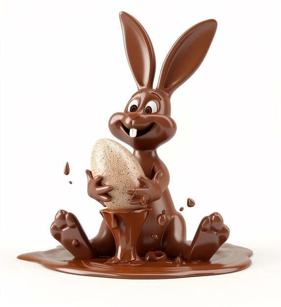 초콜릿 소스에 앉아 있는 초콜릿 토끼가 이스터 에그 3D를 들고 있다
