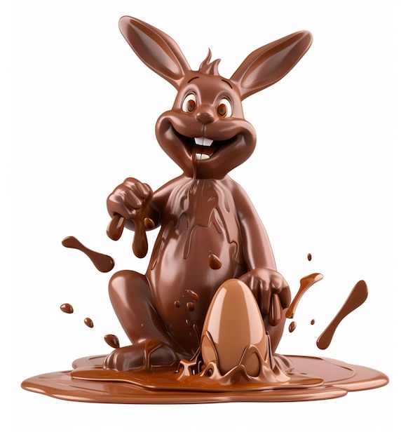 Chocolate bunny sitting in chocolate sauce holding an Easter egg 3D