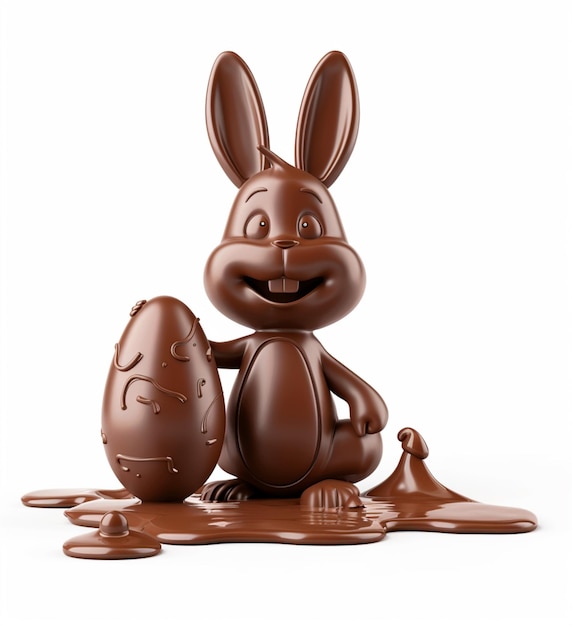 초콜릿 소스에 앉아 있는 초콜릿 토끼가 이스터 에그 3D를 들고 있다
