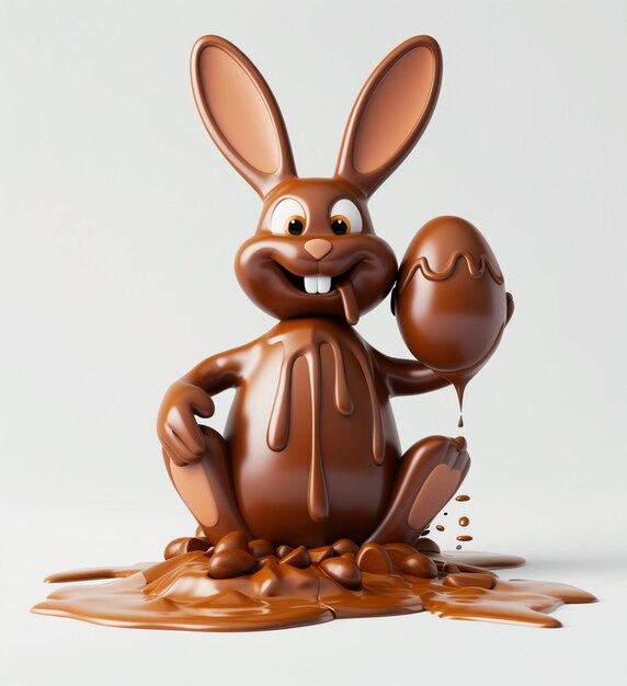 Chocolate bunny sitting in chocolate sauce holding an Easter egg 3D