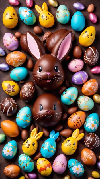 A Chocolate Bunny Surrounded by Easter Eggs