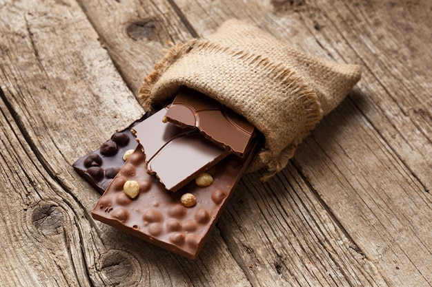 Chocolate in a burlap bag on a wooden background