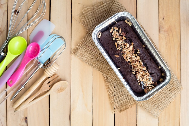 Chocolate cake in aluminum foil box packaging and Bakery Equipment,Top view.