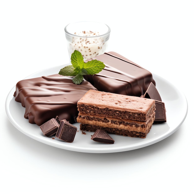 Foto una torta di cioccolato e biscotti su una piastra rettangolare bianca