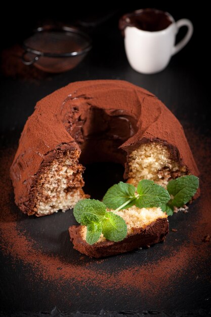 Chocolate cake on a black background