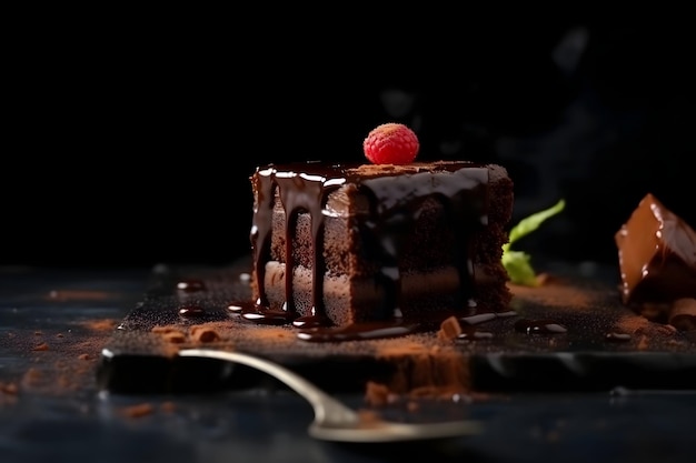 Chocolate cake and candles on a black background