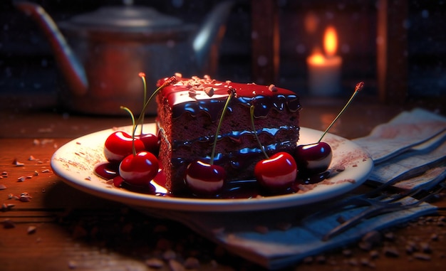 Chocolate cake and cherry