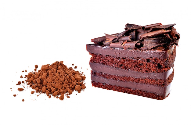 Chocolate cake and cocoa powder on white background 