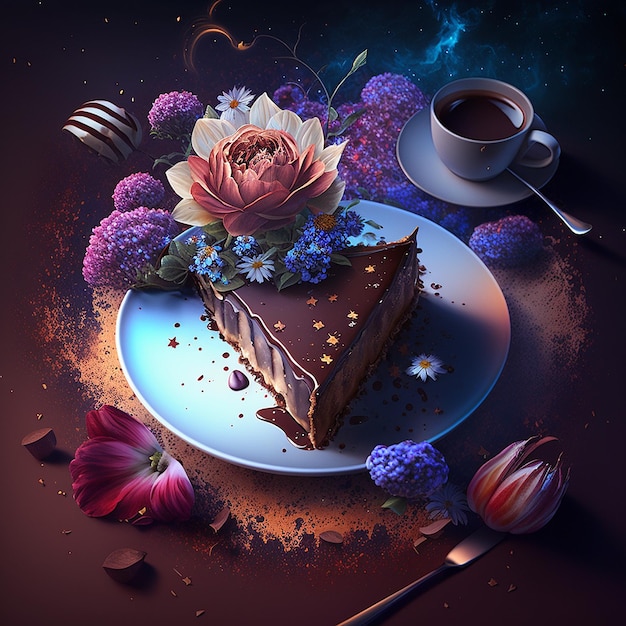 Chocolate cake coffee cup flower galaxy background image Ai generated art