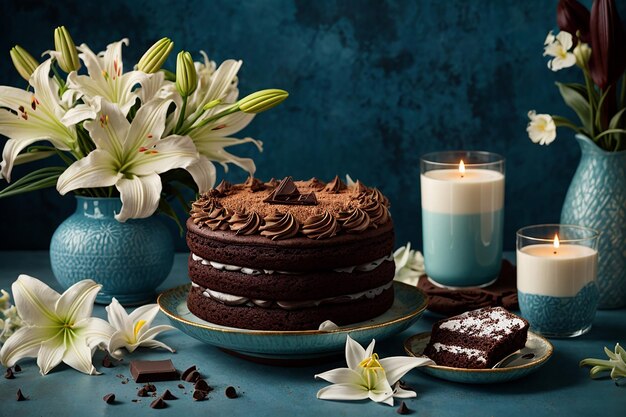 Chocolate cake cookie and a vase of white lilies on blue