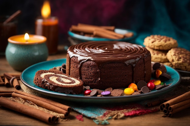 Chocolate cake decorated with chocolate chips