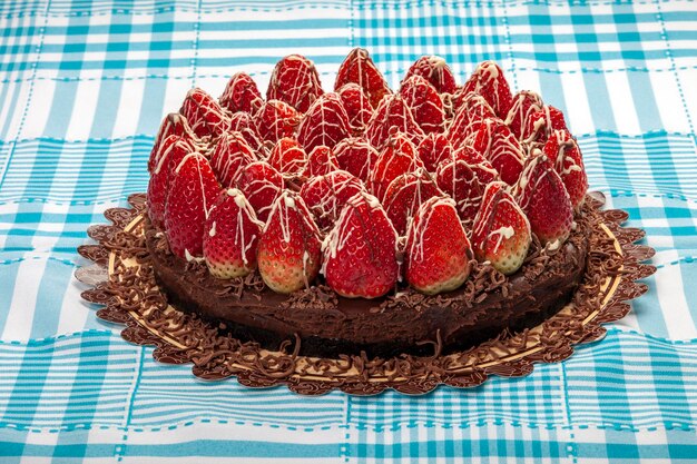 Chocolate cake decorated with fresh strawberries