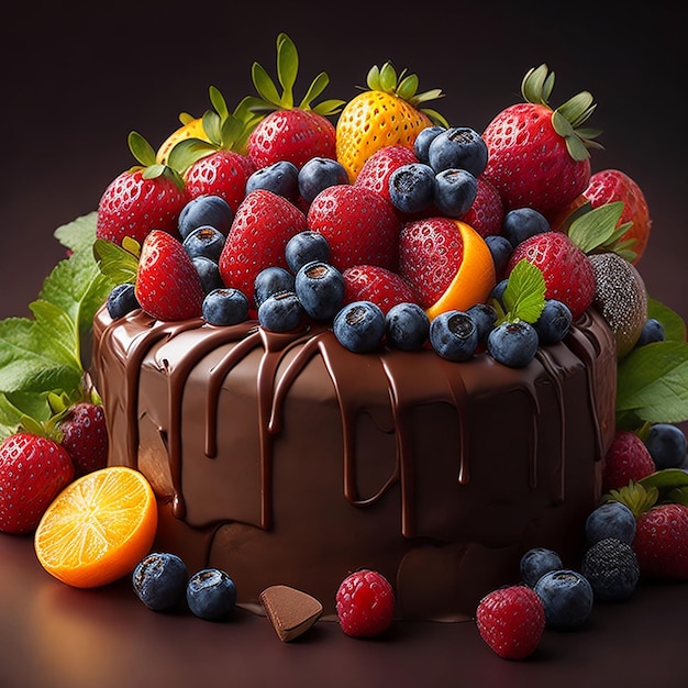 Chocolate cake decorated with fruits