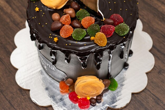 Chocolate cake decorated with gumdrops