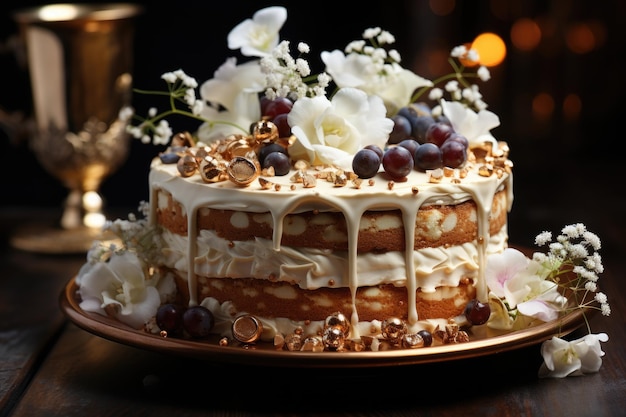 Chocolate cake decorated with white cream grapes and baby breath flowers generative IA