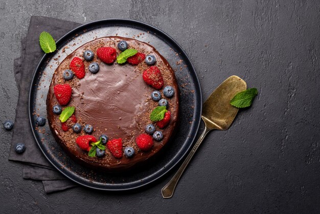 Chocolate cake dessert with fresh berries