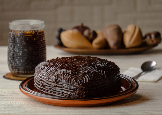 chocolate cake dessert with soda