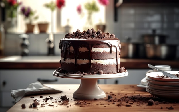 Шоколадный торт, выставленный на стойке на столе, покрытом скатертью