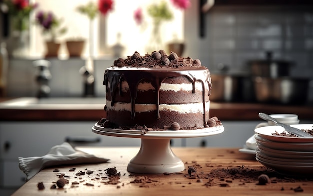 A chocolate cake displayed on a stand atop a tableclothcovered table Generative Ai