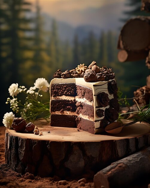 Photo chocolate cake garnished with cream