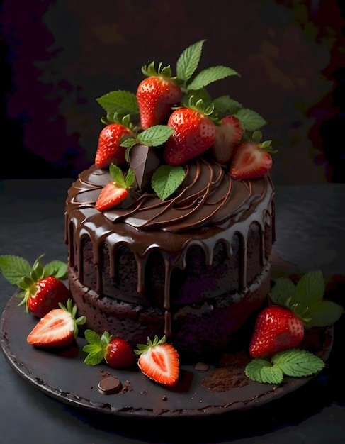 Photo chocolate cake garnished with strawberries