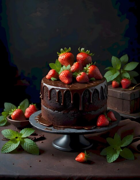 Photo chocolate cake garnished with strawberries