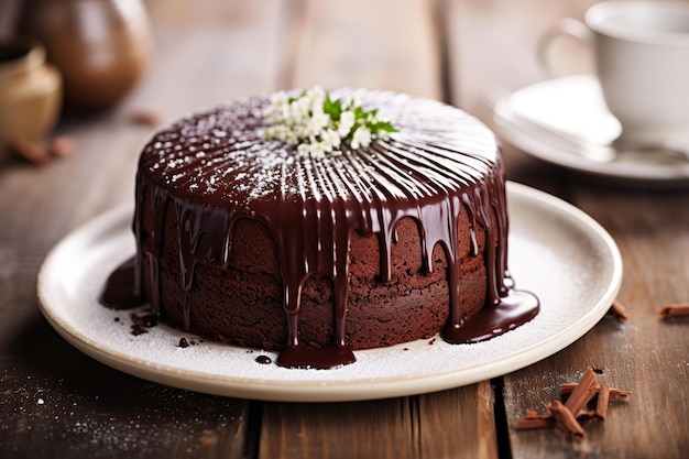 Chocolate cake on plate on wooden table