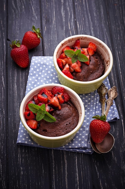 Chocolate cake in ramekin prepared in microwave