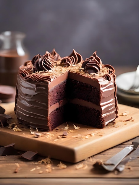 木製 の キャンバス に 細かい 切片 が 付い て いる チョコレート ケーキ の スライス