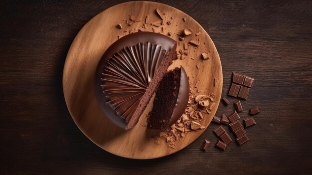 Chocolate cake slice on wooden table