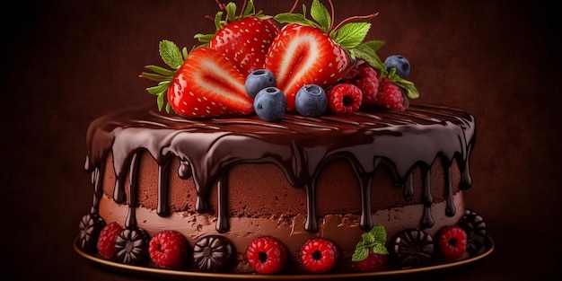 The chocolate cake and strawberry topping with AI generated