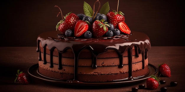 The chocolate cake and strawberry topping with AI generated