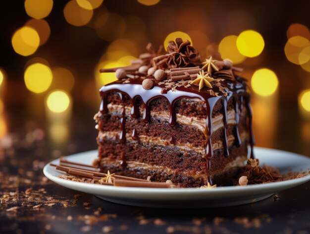 Chocolate cake on the table with bokeh lights in the background