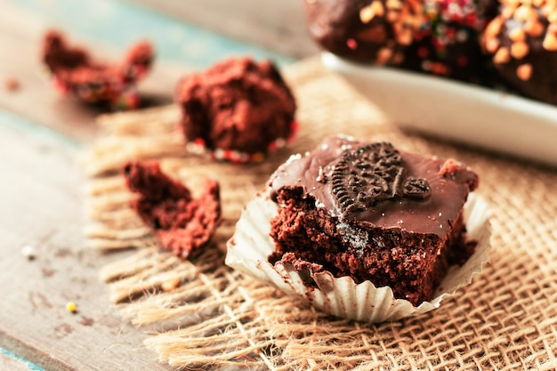 Chocolate cake on the table.